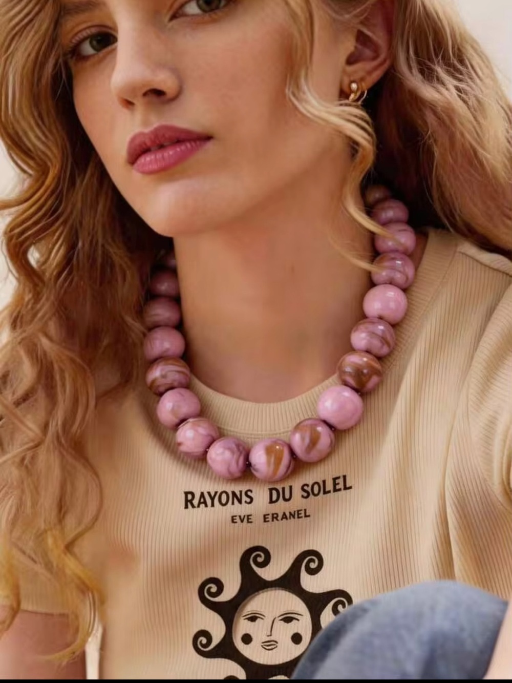 New! Coastal Chunky Pink Marble Beaded Statement Gumball Dopamine Necklace